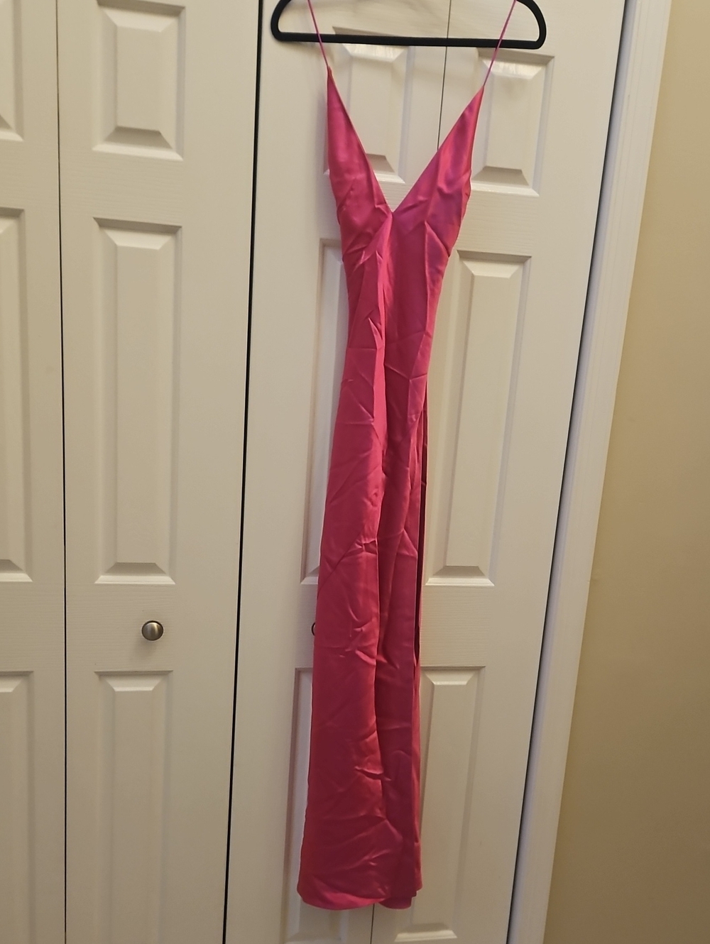 retrofete Pink Satin Slip Dress with V-Neck